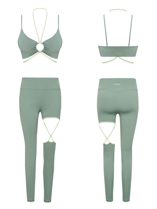 Turquoise High-Waist Strappy Hollow Out Leggings