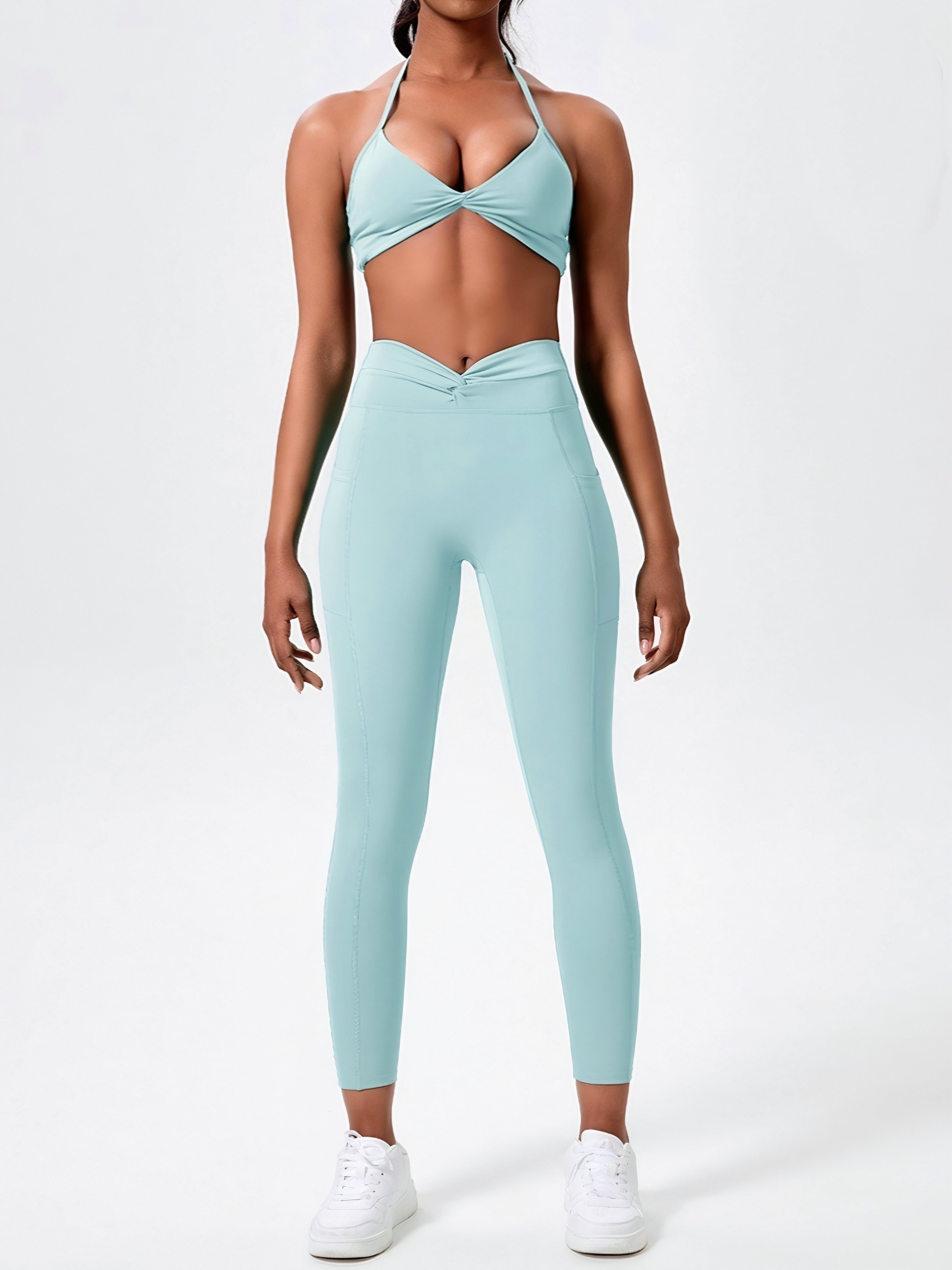 Mint Blue-Green V-Waist Knot Design Leggings